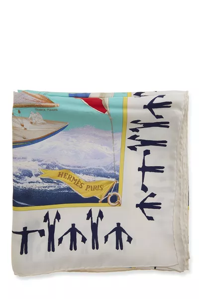 White & Multicolor 'En Course' Silk Scarf 90, , large