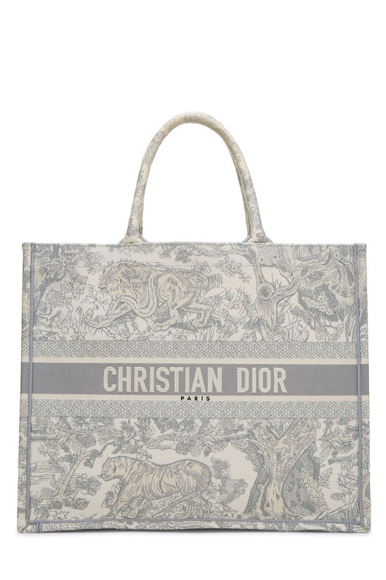 Christian Dior Grey Embroidered Toile de Jouy Canvas Book Tote 