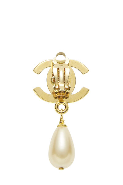 Gold & Faux Pearl 'CC' Turnlock Dangle Earrings, , large