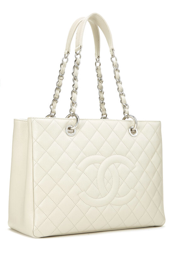 Chanel White Quilted Caviar Leather Grand Shopping Tote Bag - Yoogi's Closet