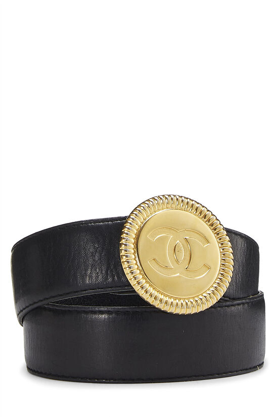 Gold & Black Leather 'CC' Medallion Belt, , large image number 1