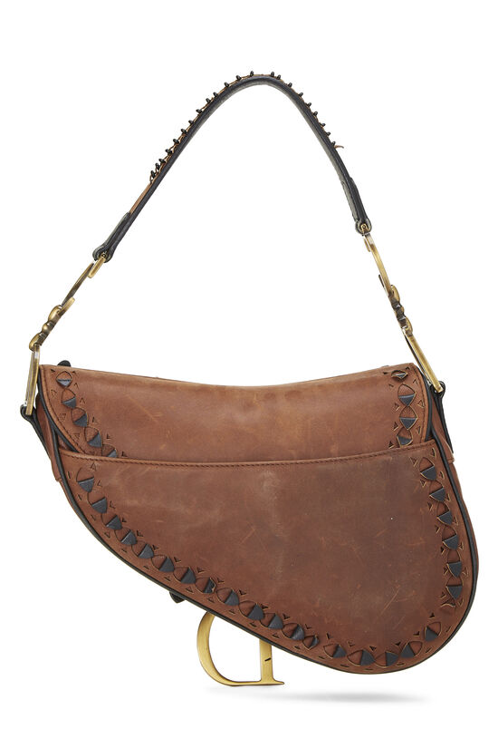 Brown Leather Laser Cut Floral Saddle Bag, , large image number 4