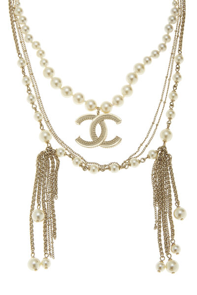 Faux Pearl & Gold Layered Chain 'CC' Necklace, , large