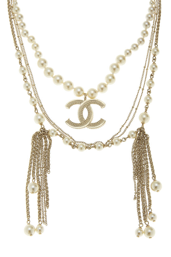 Faux Pearl & Gold Layered Chain 'CC' Necklace, , large image number 2