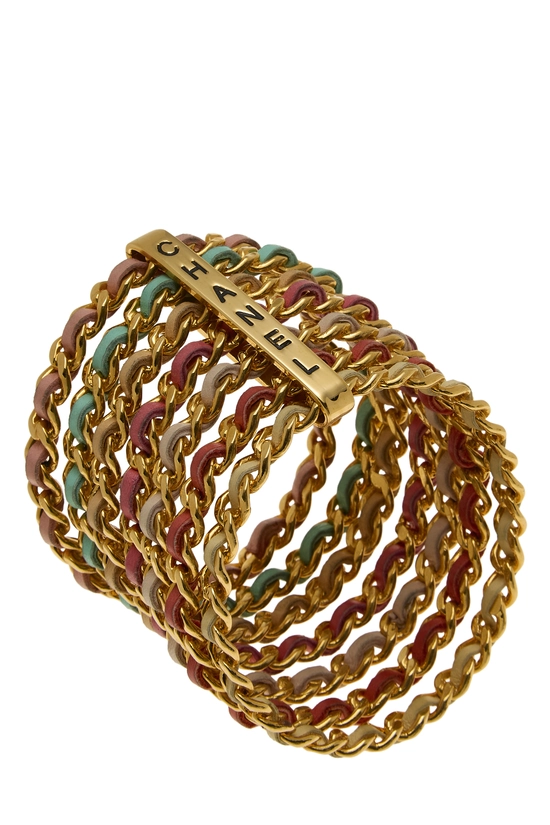 Multicolor Gold Woven Lambskin Leather Seven Band Bangle, , large image number 1