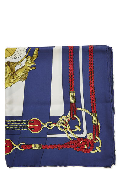 Navy & Multicolor 'Chateaux d'Arriere' Silk Scarf 90, , large