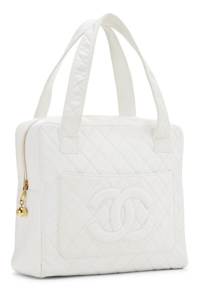 White Quilted Lambskin Top Handle Tote Mini, , large