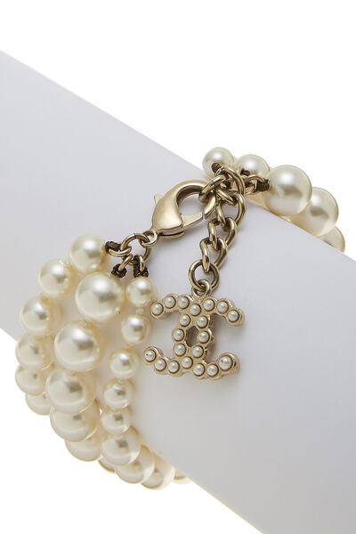 Gold & Faux Pearl 'CC' Bracelet, , large