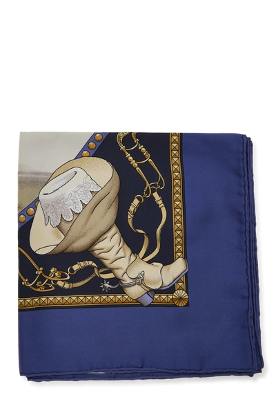 Blue & Multicolor 'Pr&eacute;sentation de Chevaux' Silk Scarf 90, , large