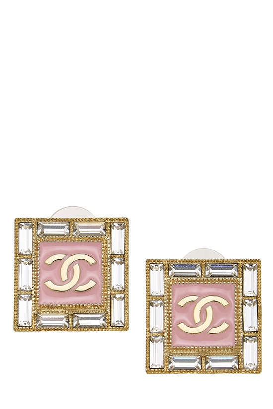 Pink Gold Metal 'CC' Crystal Square Earrings, , large image number 0