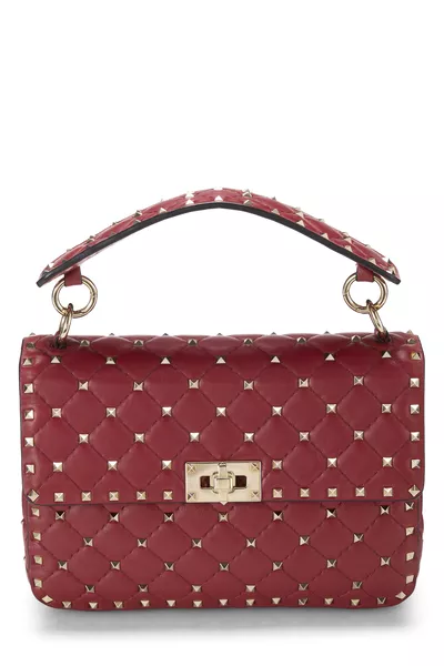 Red Leather Rockstud Spike Flap Bag Small