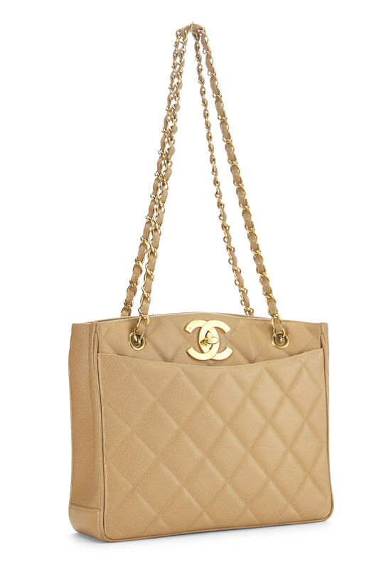 Beige Quilted Caviar Turnlock Tote Small