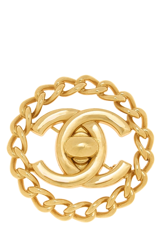 Gold 'CC' Chain Border Turnlock Pin Medium, , large image number 0