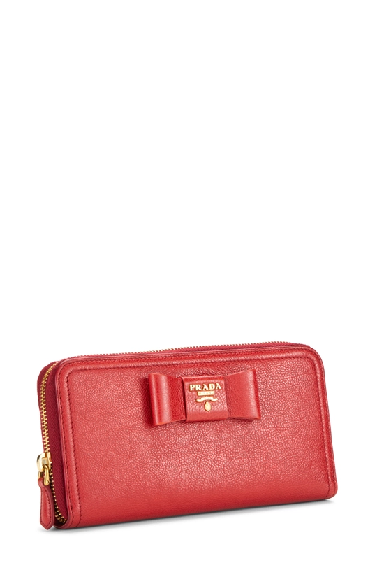 Red Vitello Daino Bow Zip Around Wallet, , large image number 1