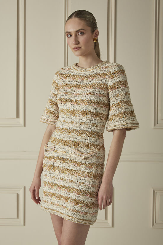 Tan & Multicolor Tweed Knit Dress, , large image number 2