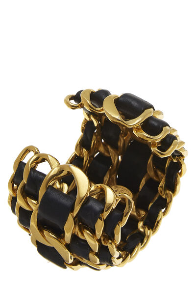 Gold & Black Leather 5 Row Chain Cuff, , large