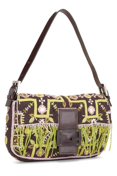 Brown Canvas Embellished Baguette, , large