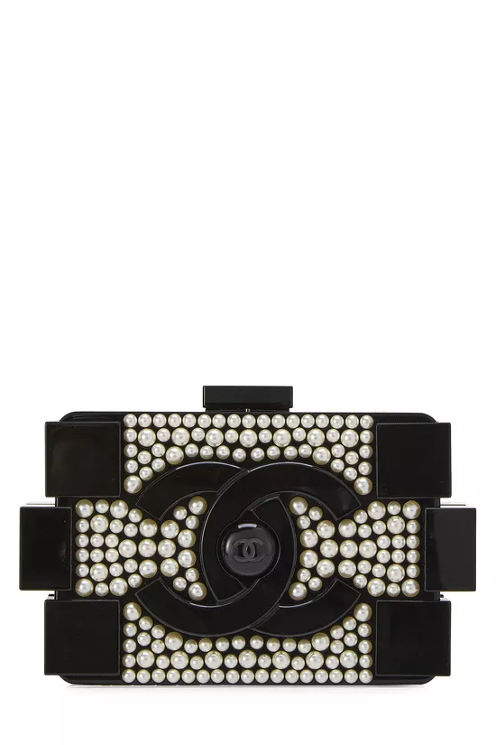 Black Plexiglass Faux Pearl Boy Brick Clutch, , large image number 0