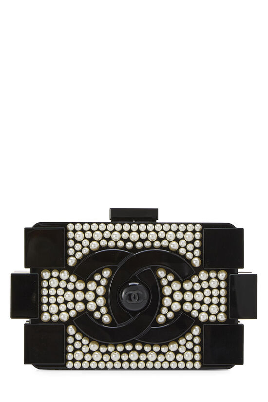Black Plexiglass Faux Pearl Boy Brick Clutch, , large image number 0