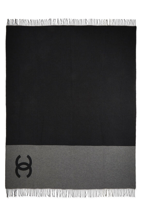Black & Grey Cashmere 'CC' Fringe Blanket, , large image number 0