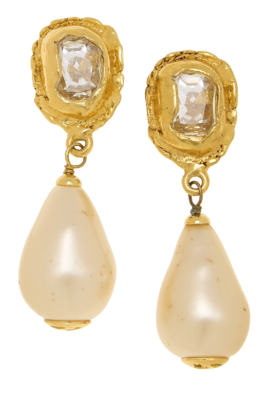 Gold Teardrop Faux Pearl Dangle Earrings Medium, , large image number 0