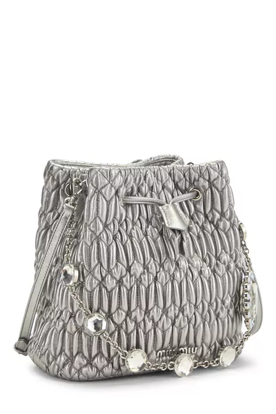 Silver Nappa Crystal Drawstring Bucket Bag, , large