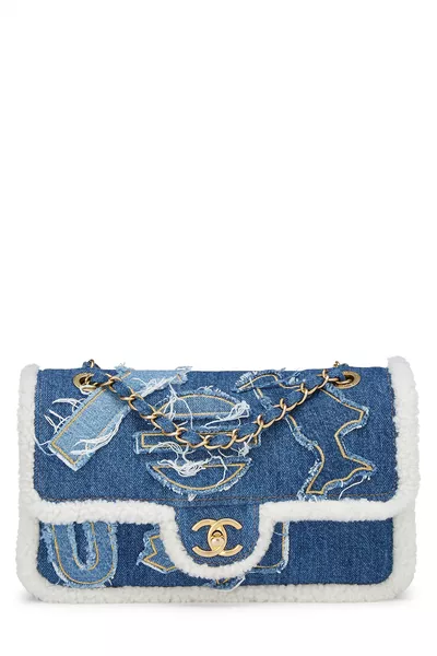 Paris-Egypt Blue Denim & Shearling Hieroglyph Flap Medium