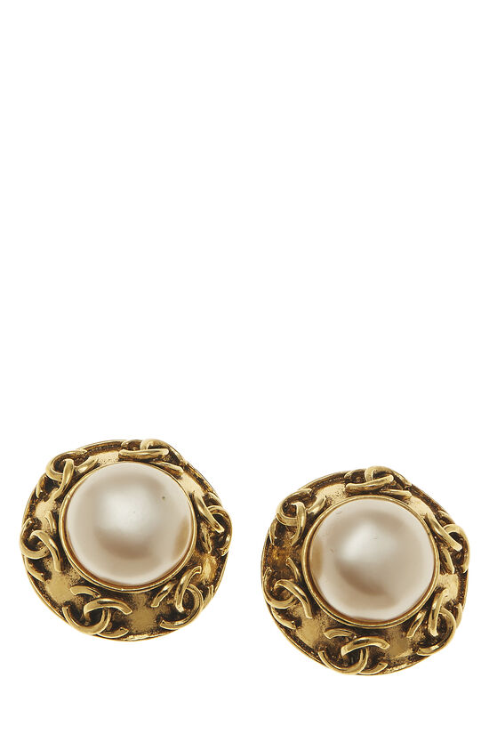 Gold & Faux Pearl Button 'CC' Earrings, , large image number 0