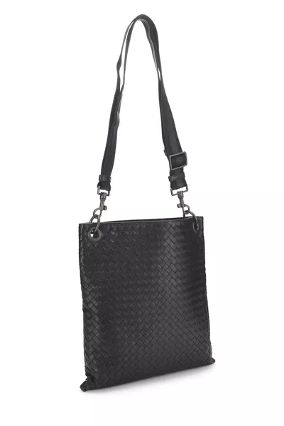 Black Intrecciato Leather Flat Messenger, , large