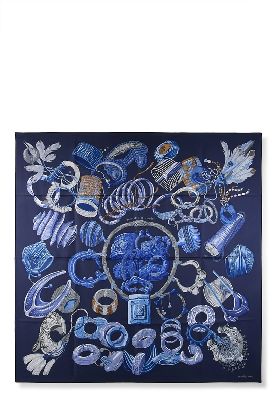 Pre-Owned Navy & Multicolor 'Bracelets De Lumière' Silk Scarf 90