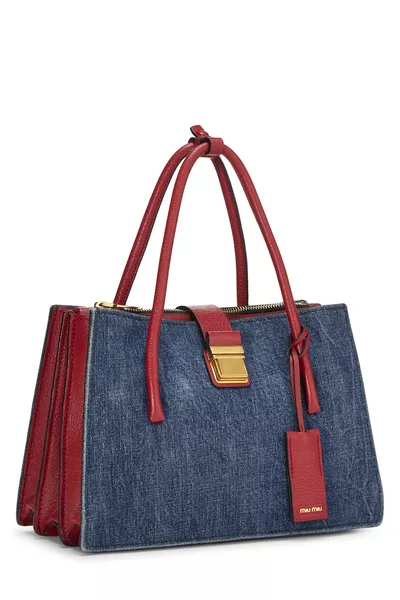 Multicolor Denim Convertible Buckle Top Handle Bag, , large