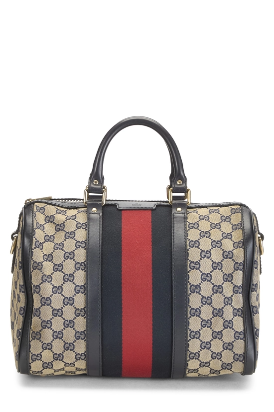 Navy GG Canvas Vintage Web Boston Bag Medium, , large image number 0