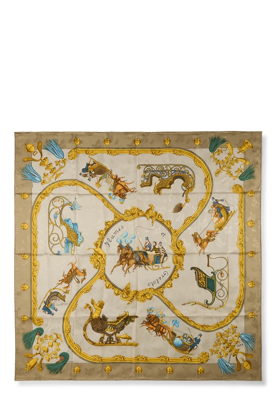 Beige & Multicolor 'Plumes et Grelots' Silk Scarf 90, , large image number 0