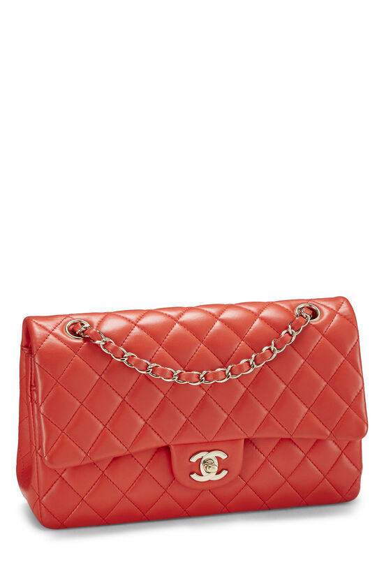 Chanel Neon Red Quilted Caviar Small Classic Double Flap Pale Gold Hardware (Like New), Womens Handbag