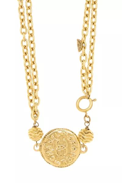 Gold Hammered Coin Long Necklace, , large