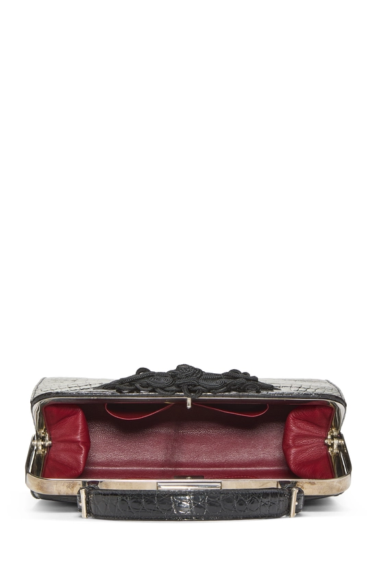 Black Embossed Leather Frame Top Handle Bag, , large image number 5