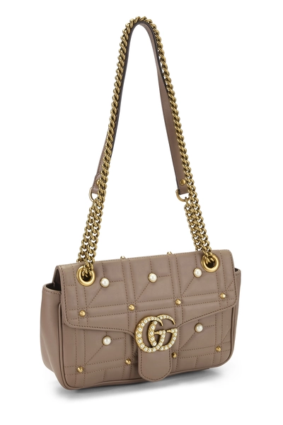 Beige Leather Pearl GG Marmont Shoulder Bag Small, , large