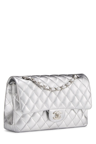 Metallic Silver Quilted Lambskin Classic Double Flap Medium , , large