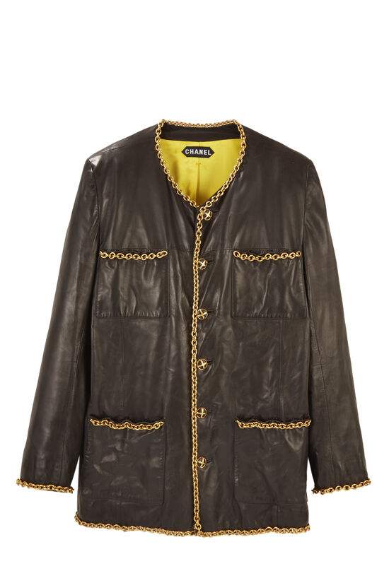 André Leon Talley Black Lambskin Leather Chain-Trimmed Couture Jacket