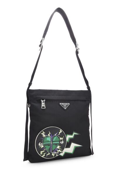 Black Nylon Frankenstein Heart Flat Messenger Bag, , large