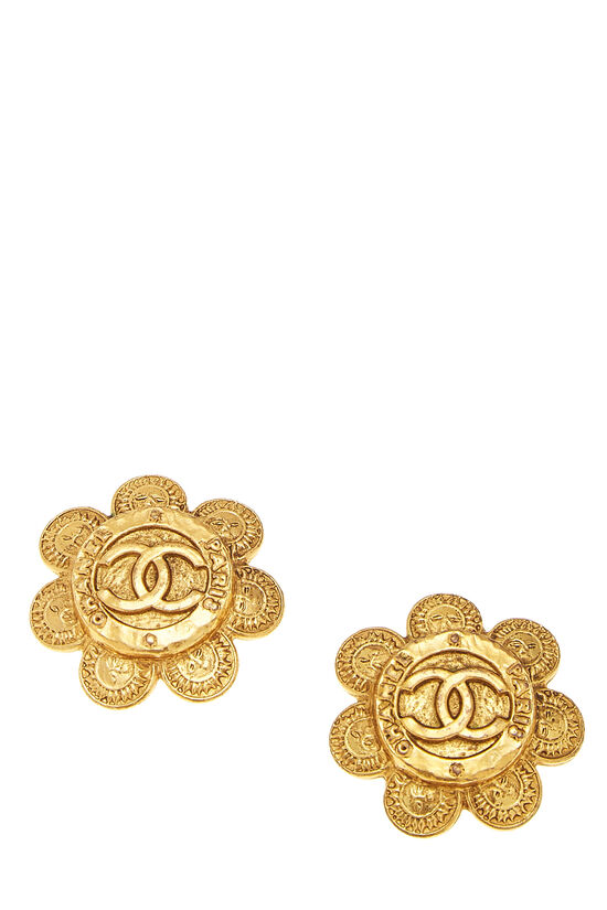 Gold Paris Round Flower Earrings, , large image number 1