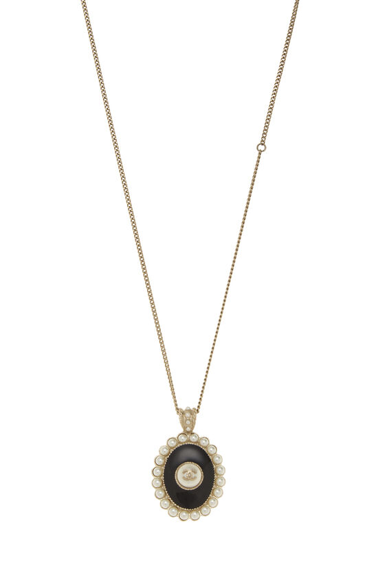 Black Enamel & Faux Pearl Oval Pendant Necklace, , large image number 1