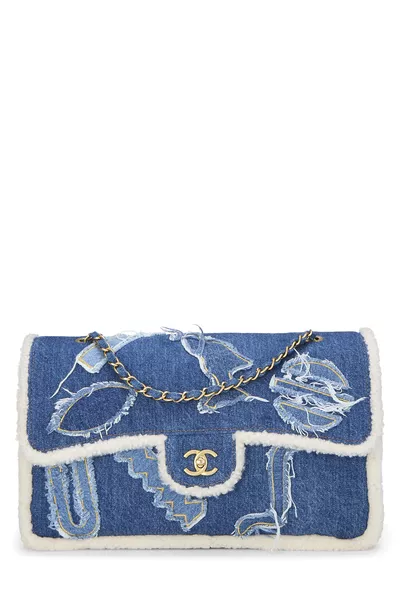 Paris-Egypt Blue Denim & Shearling Hieroglyph Flap Maxi