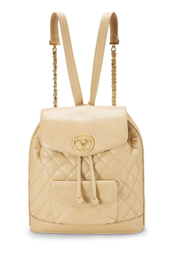 Beige Quilted Caviar Circle Lock Backpack Large, , large image number 0