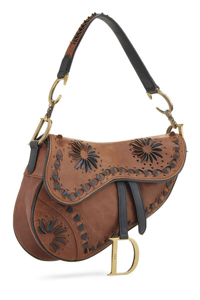 Brown Leather Laser Cut Floral Saddle Bag, , large