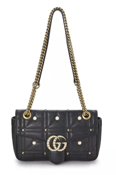 Black Leather & Faux Pearl GG Marmont Shoulder Bag Small