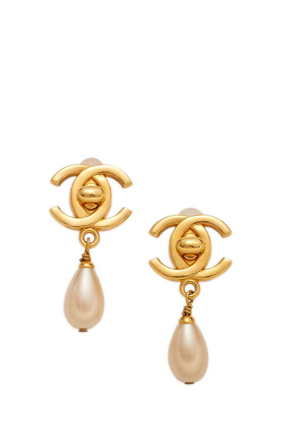 Gold & Faux Pearl 'CC' Turnlock Earrings, , large image number 0
