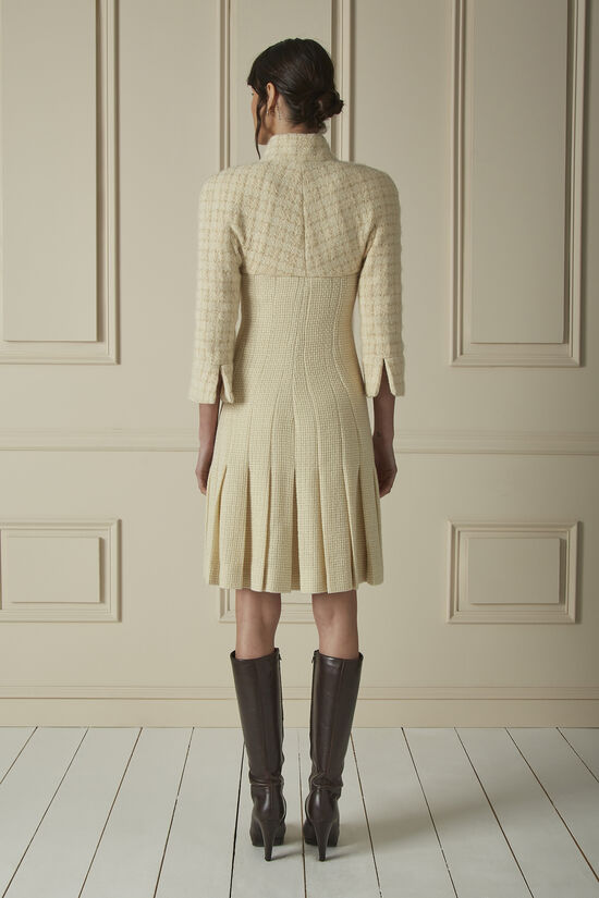 Cream & Gold Wool Tweed Pleated Dress
