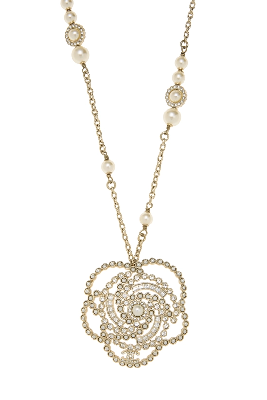Gold Faux Pearl Crystal Camellia Necklace, , large image number 1