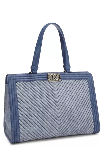 Blue Denim Chevron Boy Shopping Tote Large, , large